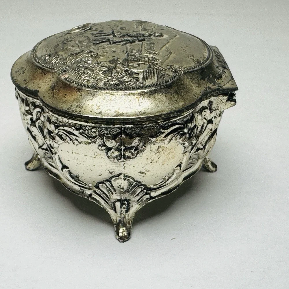 VTG Silver Metal Trinket Or Jewelry Box Lined W/ Red Velvet And An Embossed Top